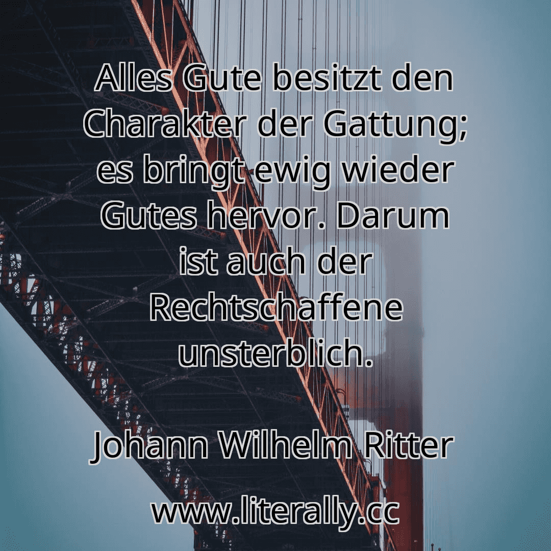 Alles Gute besitzt den Charakter der Gattung; es bringt ewig wieder Gutes hervor. Darum ist auch der Rechtschaffene unsterblich.
Johann Wilhelm Ritter
