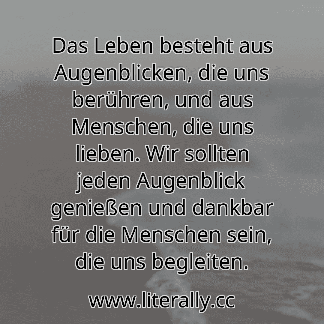 Das Leben besteht aus Augenblicken, die uns berühren, und aus Menschen, die uns lieben. Wir sollten jeden Augenblick genießen und dankbar für die Menschen sein, die uns begleiten.
