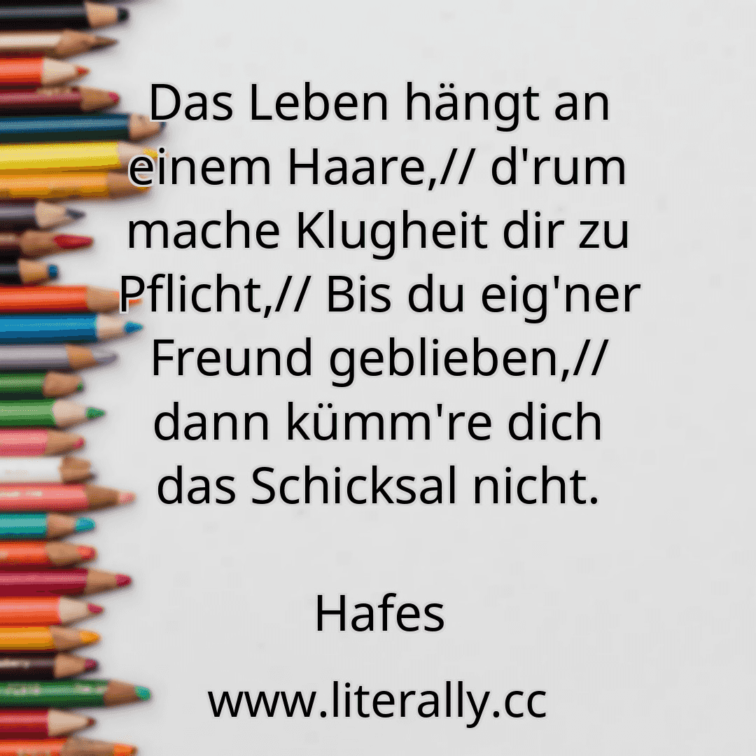 Das Leben hängt an einem Haare,// d'rum mache Klugheit dir zu Pflicht,// Bis du eig'ner Freund geblieben,// dann kümm're dich das Schicksal nicht.
Hafes
