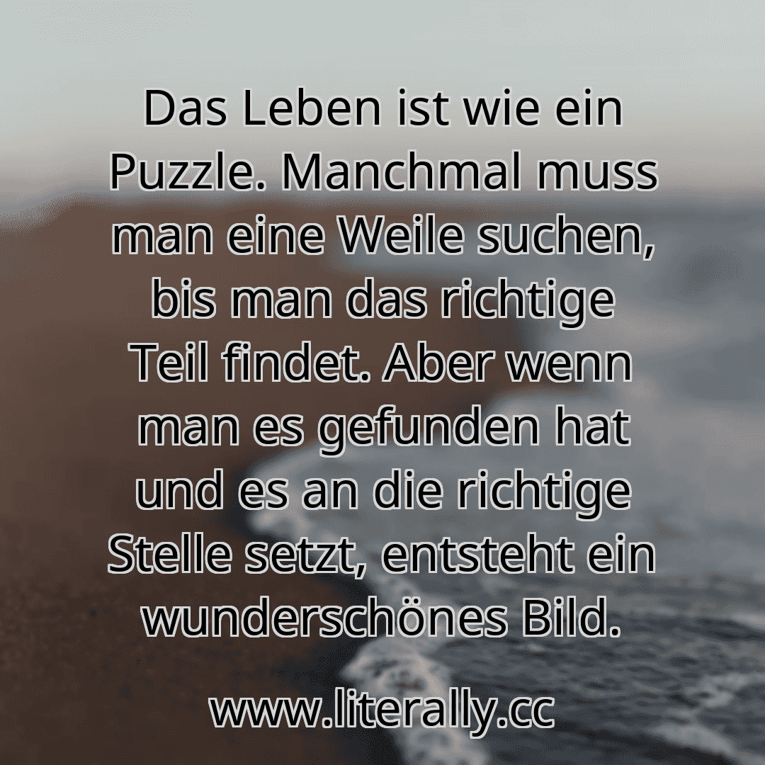 Das Leben ist wie ein Puzzle. Manchmal muss man eine Weile suchen, bis man das richtige Teil findet. Aber wenn man es gefunden hat und es an die richtige Stelle setzt, entsteht ein wunderschönes Bild.
