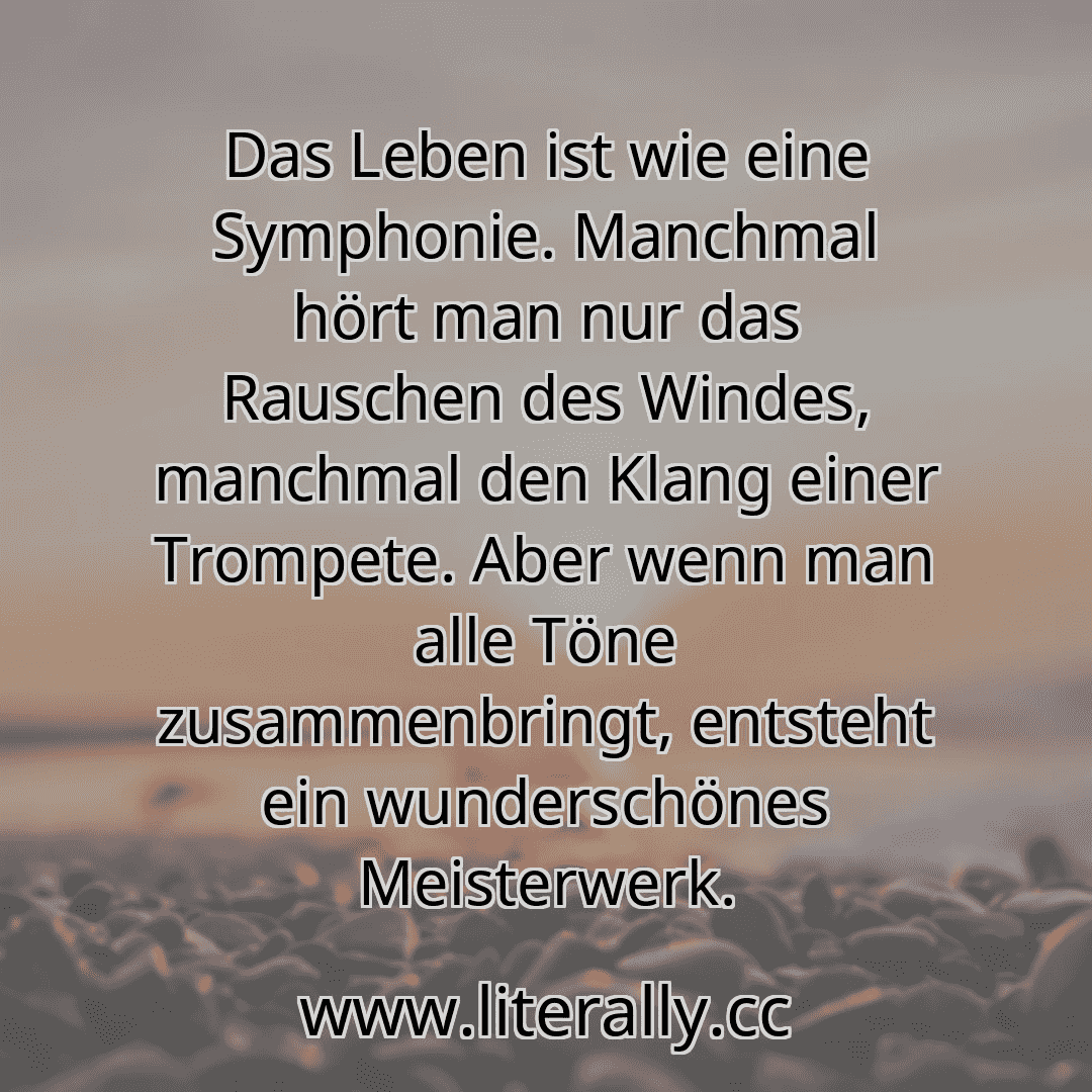 Das Leben ist wie eine Symphonie. Manchmal hört man nur das Rauschen des Windes, manchmal den Klang einer Trompete. Aber wenn man alle Töne zusammenbringt, entsteht ein wunderschönes Meisterwerk.
