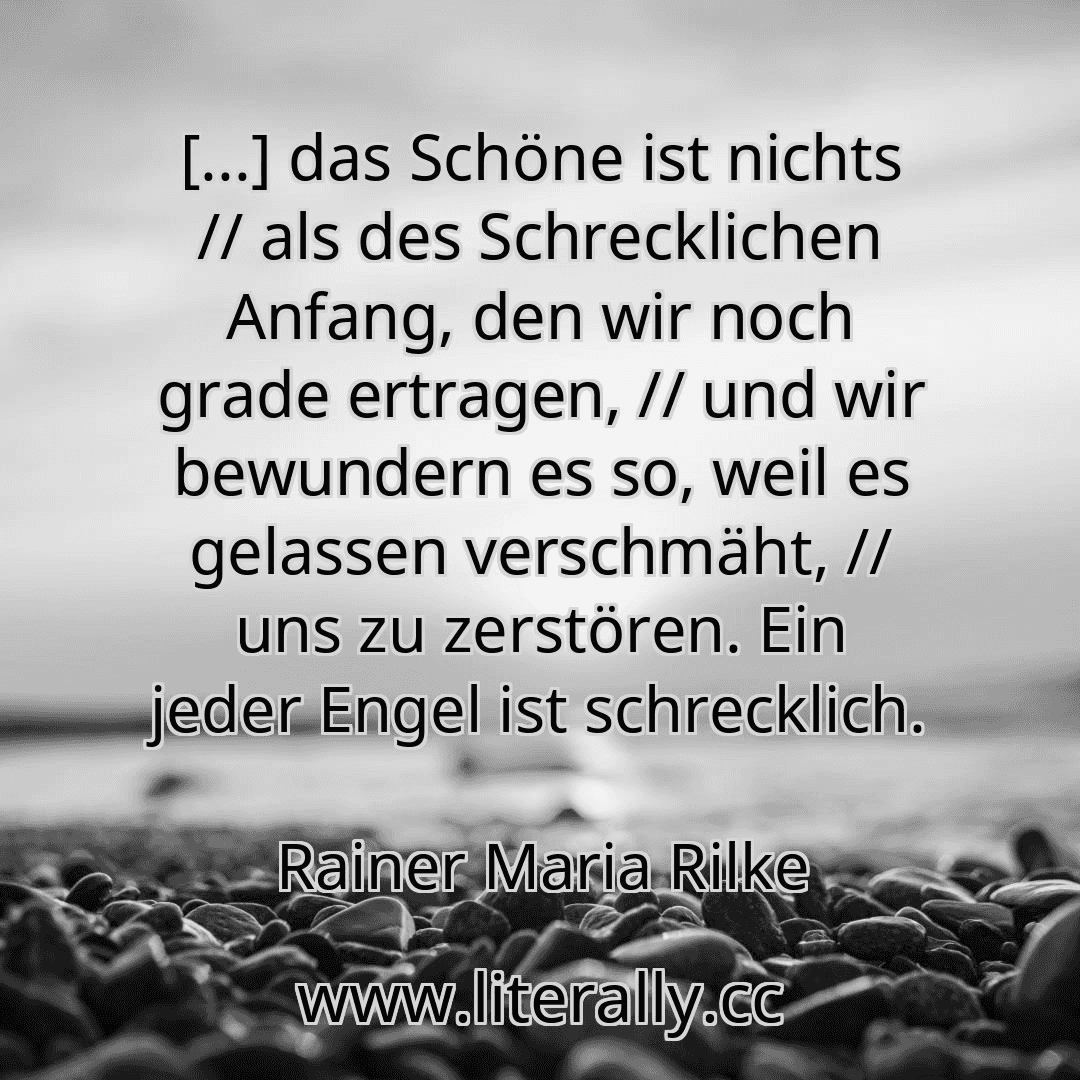 [...] das Schöne ist nichts // als des Schrecklichen Anfang, den wir noch grade ertragen, // und wir bewundern es so, weil es gelassen verschmäht, // uns zu zerstören. Ein jeder Engel ist schrecklich.
Rainer Maria Rilke
