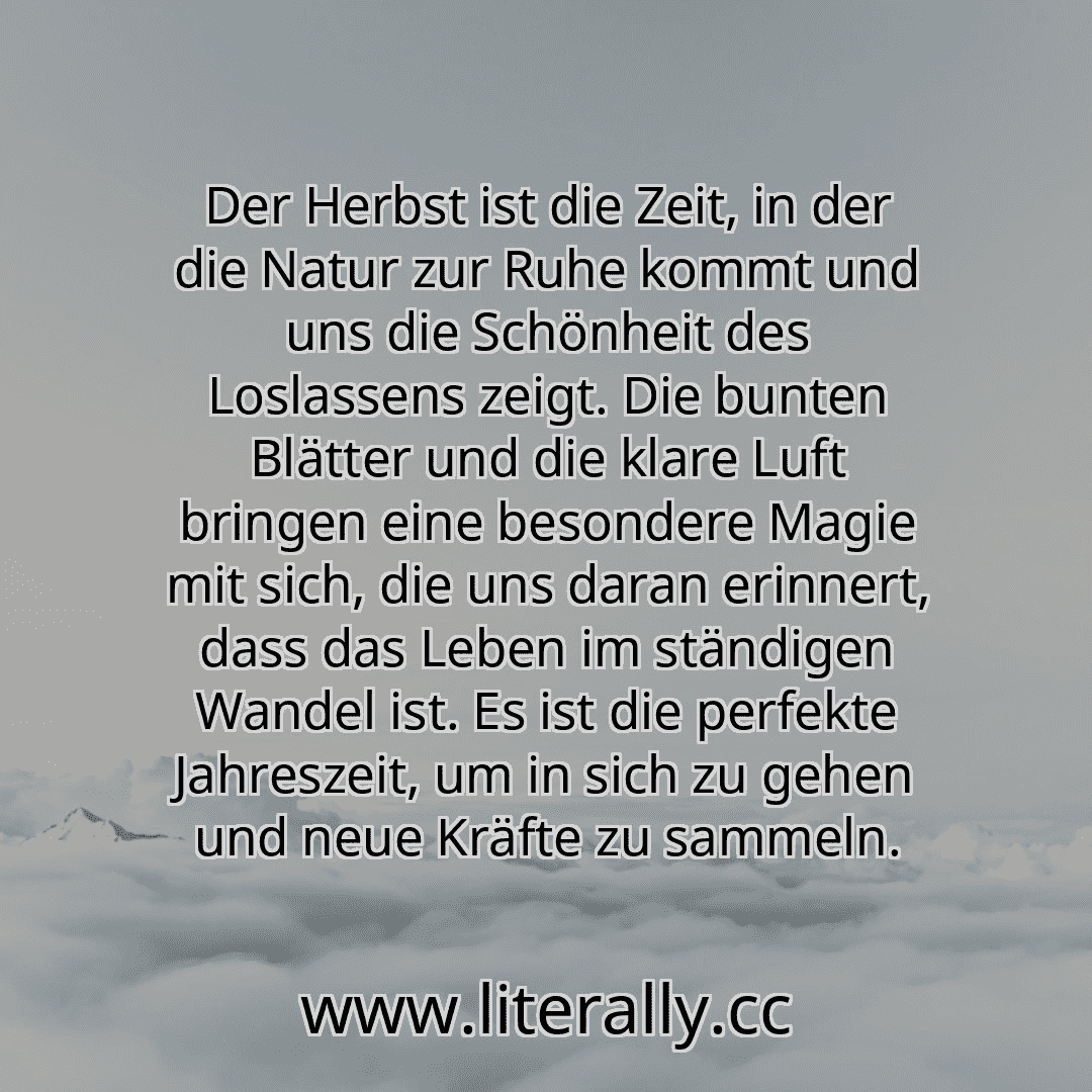 Der Herbst ist die Zeit, in der die Natur zur Ruhe kommt und uns die Schönheit des Loslassens zeigt. Die bunten Blätter und die klare Luft bringen eine besondere Magie mit sich, die uns daran erinnert, dass das Leben im ständigen Wandel ist. Es ist die perfekte Jahreszeit, um in sich zu gehen und neue Kräfte zu sammeln.
