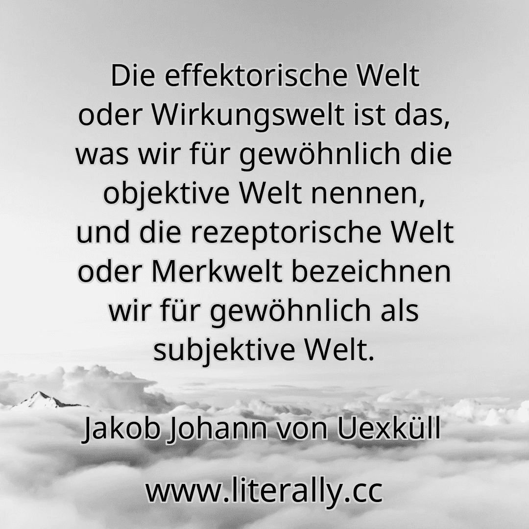 Die effektorische Welt oder Wirkungswelt ist das, was wir für gewöhnlich die objektive Welt nennen, und die rezeptorische Welt oder Merkwelt bezeichnen wir für gewöhnlich als subjektive Welt.
Jakob Johann von Uexküll
