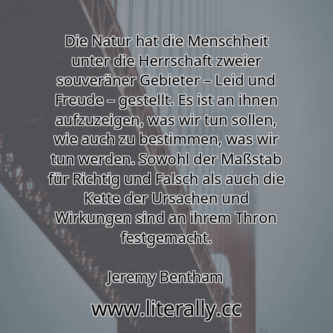 Die Natur hat die Menschheit unter die Herrschaft zweier souveräner Gebieter – Leid und Freude – gestellt. Es ist an ihnen aufzuzeigen, was wir tun sollen, wie auch zu bestimmen, was wir tun werden. Sowohl der Maßstab für Richtig und Falsch als auch die Kette der Ursachen und Wirkungen sind an ihrem Thron festgemacht.
Jeremy Bentham
