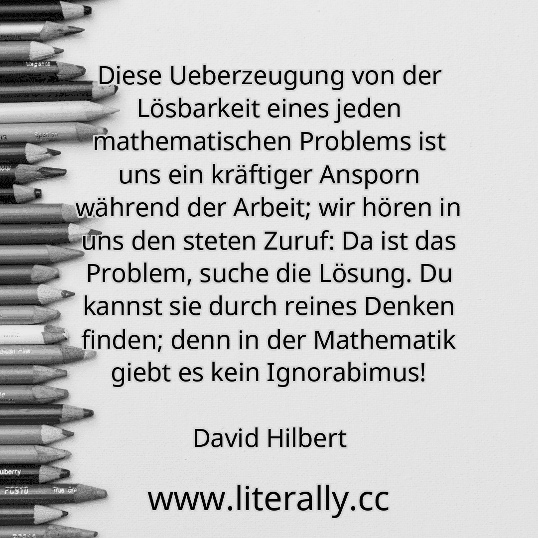 Diese Ueberzeugung von der Lösbarkeit eines jeden mathematischen Problems ist uns ein kräftiger Ansporn während der Arbeit; wir hören in uns den steten Zuruf: Da ist das Problem, suche die Lösung. Du kannst sie durch reines Denken finden; denn in der Mathematik giebt es kein Ignorabimus!
David Hilbert

