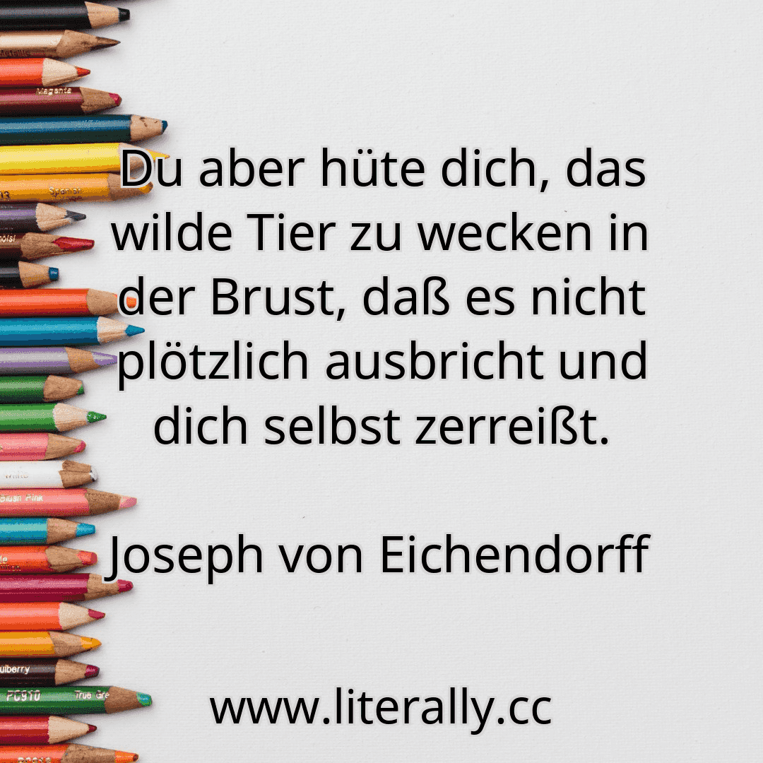 Du aber hüte dich, das wilde Tier zu wecken in der Brust, daß es nicht plötzlich ausbricht und dich selbst zerreißt.
Joseph von Eichendorff
