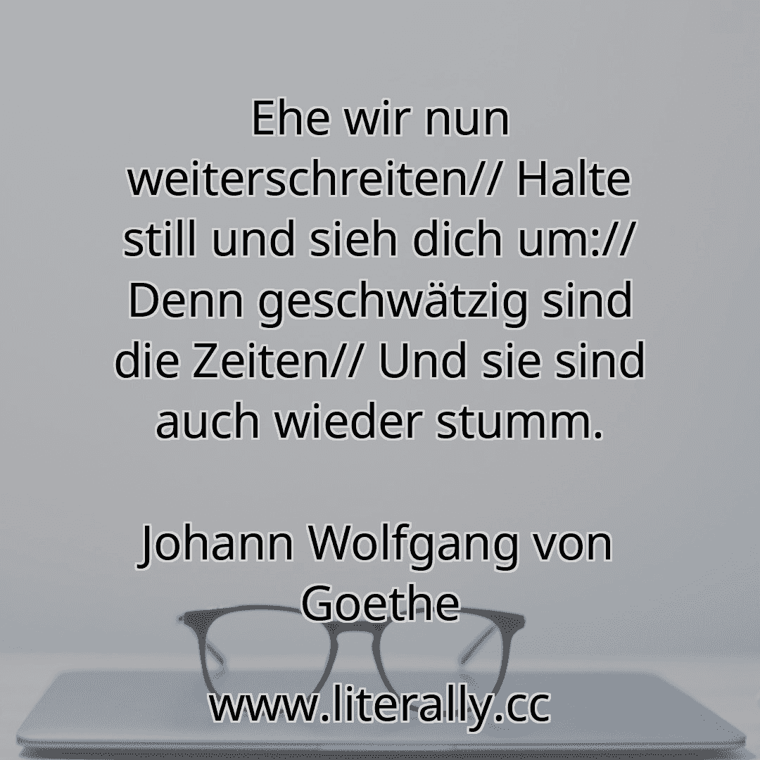 Ehe wir nun weiterschreiten// Halte still und sieh dich um:// Denn geschwätzig sind die Zeiten// Und sie sind auch wieder stumm.
Johann Wolfgang von Goethe
