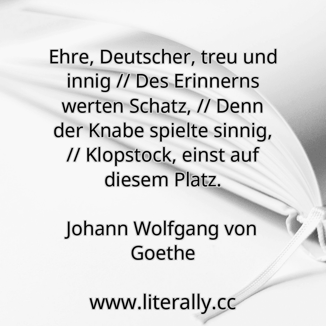 Ehre, Deutscher, treu und innig // Des Erinnerns werten Schatz, // Denn der Knabe spielte sinnig, // Klopstock, einst auf diesem Platz.
Johann Wolfgang von Goethe
