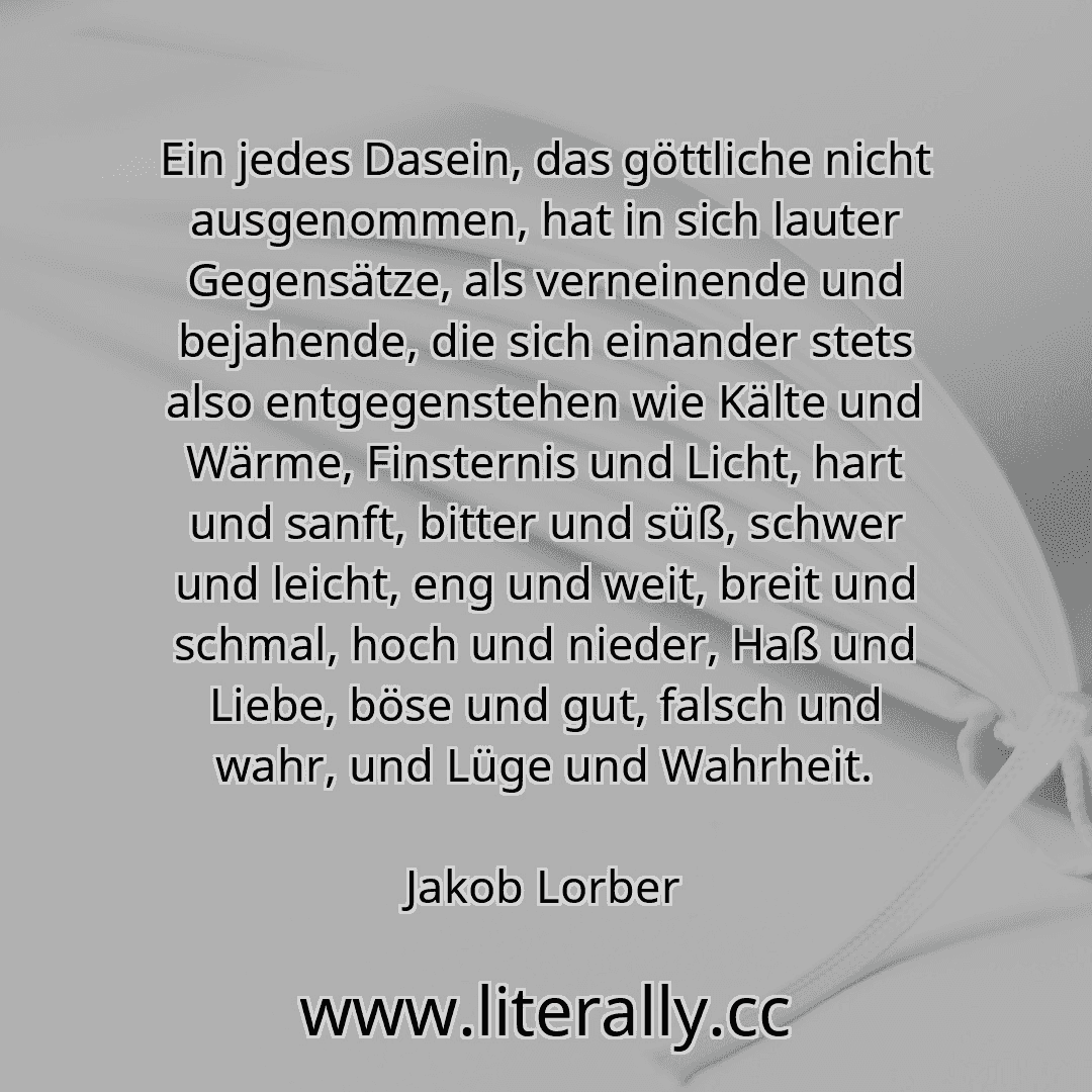 Ein jedes Dasein, das göttliche nicht ausgenommen, hat in sich lauter Gegensätze, als verneinende und bejahende, die sich einander stets also entgegenstehen wie Kälte und Wärme, Finsternis und Licht, hart und sanft, bitter und süß, schwer und leicht, eng und weit, breit und schmal, hoch und nieder, Haß und Liebe, böse und gut, falsch und wahr, und Lüge und Wahrheit.
Jakob Lorber
