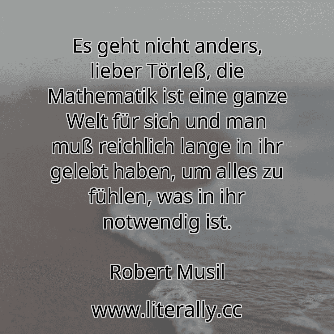 Es geht nicht anders, lieber Törleß, die Mathematik ist eine ganze Welt für sich und man muß reichlich lange in ihr gelebt haben, um alles zu fühlen, was in ihr notwendig ist.
Robert Musil
