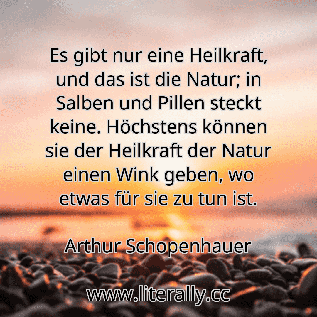 Es gibt nur eine Heilkraft, und das ist die Natur; in Salben und Pillen steckt keine. Höchstens können sie der Heilkraft der Natur einen Wink geben, wo etwas für sie zu tun ist.
Arthur Schopenhauer
