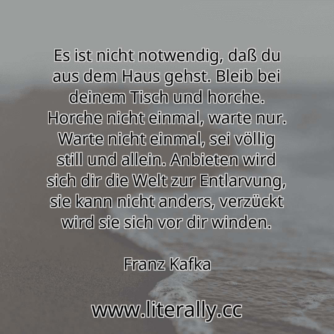 Es ist nicht notwendig, daß du aus dem Haus gehst. Bleib bei deinem Tisch und horche. Horche nicht einmal, warte nur. Warte nicht einmal, sei völlig still und allein. Anbieten wird sich dir die Welt zur Entlarvung, sie kann nicht anders, verzückt wird sie sich vor dir winden.
Franz Kafka
