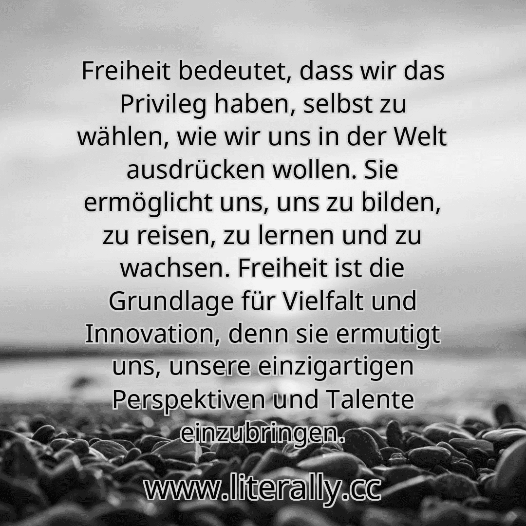 Freiheit bedeutet, dass wir das Privileg haben, selbst zu wählen, wie wir uns in der Welt ausdrücken wollen. Sie ermöglicht uns, uns zu bilden, zu reisen, zu lernen und zu wachsen. Freiheit ist die Grundlage für Vielfalt und Innovation, denn sie ermutigt uns, unsere einzigartigen Perspektiven und Talente einzubringen.
Freiheit bedeutet, dass wir das Privileg haben, selbst zu wählen, wie wir uns in der Welt ausdrücken wollen. Sie ermöglicht uns, uns zu bilden, zu reisen, zu lernen und zu wachsen. Freiheit ist die Grundlage für Vielfalt und Innovation, denn sie ermutigt uns, unsere einzigartigen Perspektiven und Talente einzubringen.