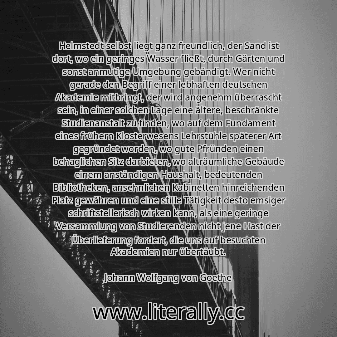 Helmstedt selbst liegt ganz freundlich, der Sand ist dort, wo ein geringes Wasser fließt, durch Gärten und sonst anmutige Umgebung gebändigt. Wer nicht gerade den Begriff einer lebhaften deutschen Akademie mitbringt, der wird angenehm überrascht sein, in einer solchen Lage eine ältere, beschränkte Studienanstalt zu finden, wo auf dem Fundament eines frühern Klosterwesens Lehrstühle späterer Art ge...