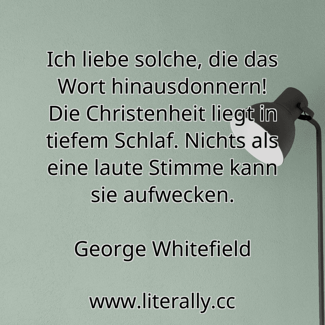 Ich liebe solche, die das Wort hinausdonnern! Die Christenheit liegt in tiefem Schlaf. Nichts als eine laute Stimme kann sie aufwecken.
George Whitefield
