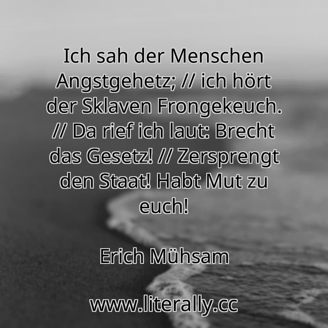 Ich sah der Menschen Angstgehetz; // ich hört der Sklaven Frongekeuch. // Da rief ich laut: Brecht das Gesetz! // Zersprengt den Staat! Habt Mut zu euch!
Erich Mühsam
