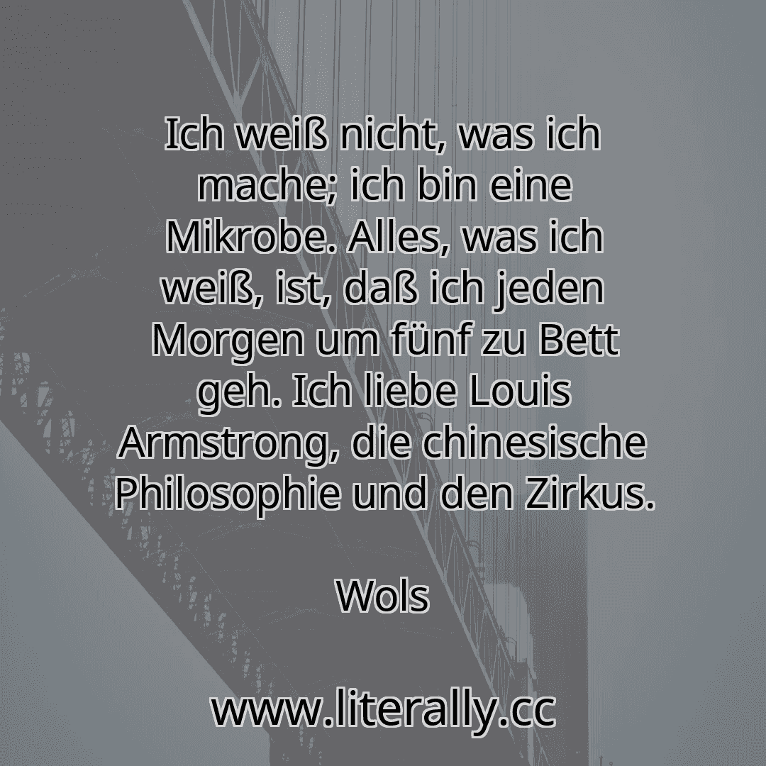 Ich weiß nicht, was ich mache; ich bin eine Mikrobe. Alles, was ich weiß, ist, daß ich jeden Morgen um fünf zu Bett geh. Ich liebe Louis Armstrong, die chinesische Philosophie und den Zirkus.
Wols

