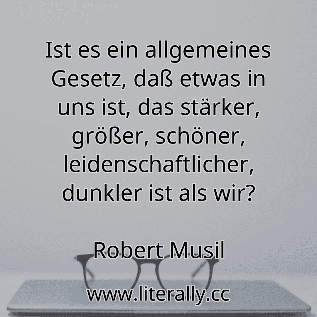 Ist es ein allgemeines Gesetz, daß etwas in uns ist, das stärker, größer, schöner, leidenschaftlicher, dunkler ist als wir?
Robert Musil
