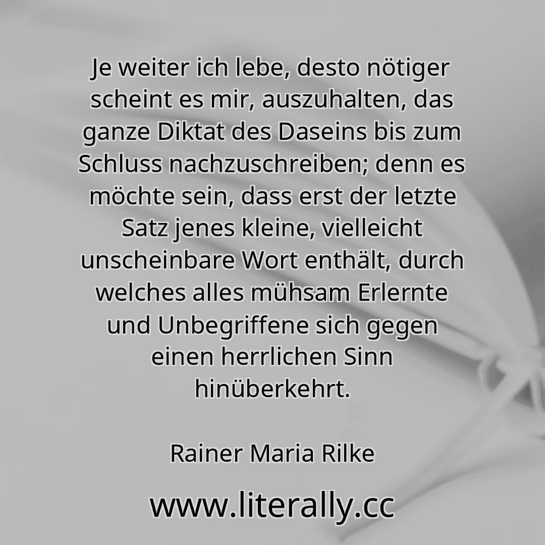 Je weiter ich lebe, desto nötiger scheint es mir, auszuhalten, das ganze Diktat des Daseins bis zum Schluss nachzuschreiben; denn es möchte sein, dass erst der letzte Satz jenes kleine, vielleicht unscheinbare Wort enthält, durch welches alles mühsam Erlernte und Unbegriffene sich gegen einen herrlichen Sinn hinüberkehrt.
Rainer Maria Rilke
