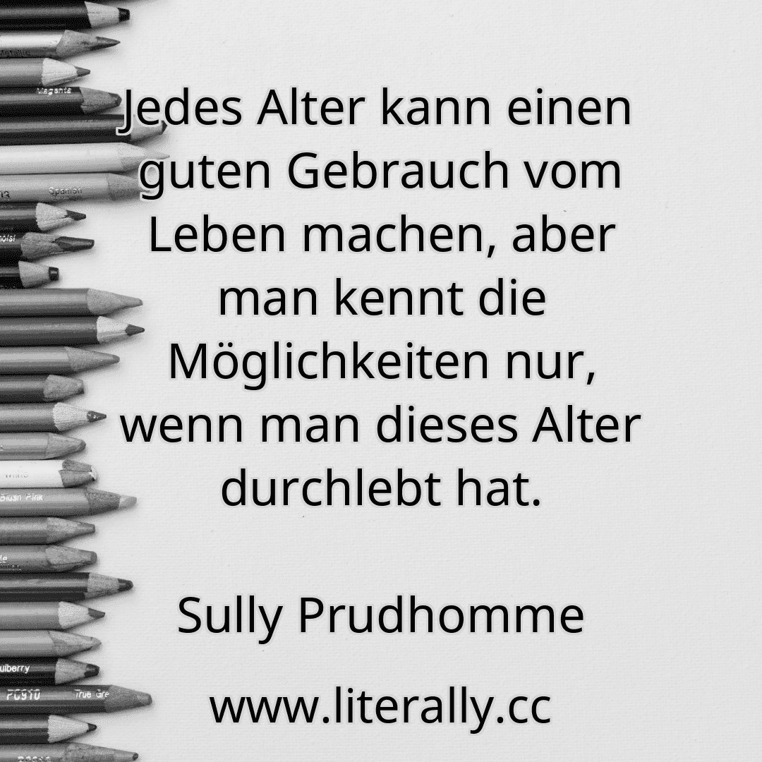 Jedes Alter kann einen guten Gebrauch vom Leben machen, aber man kennt die Möglichkeiten nur, wenn man dieses Alter durchlebt hat.
Sully Prudhomme
