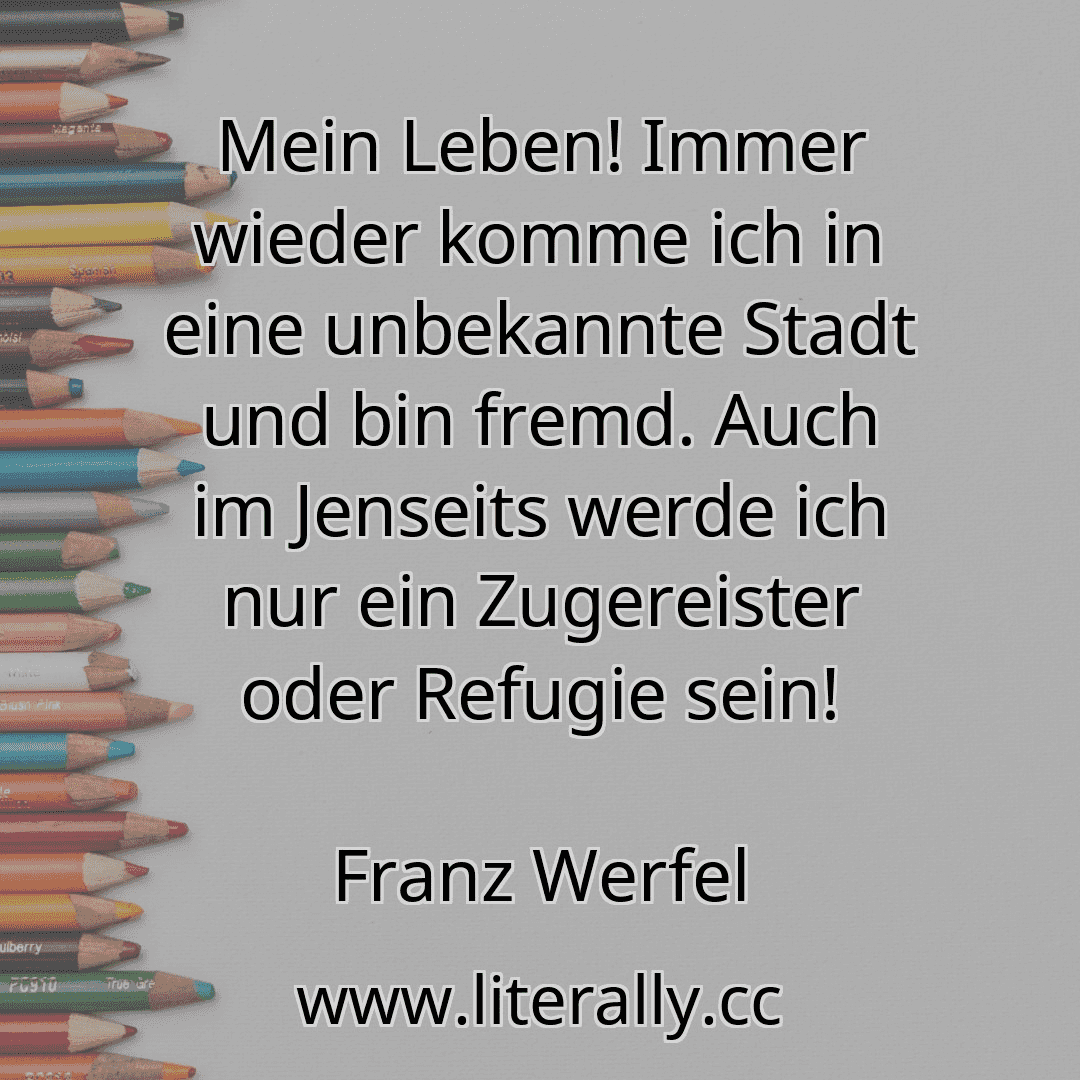 Mein Leben! Immer wieder komme ich in eine unbekannte Stadt und bin fremd. Auch im Jenseits werde ich nur ein Zugereister oder Refugie sein!
Franz Werfel
