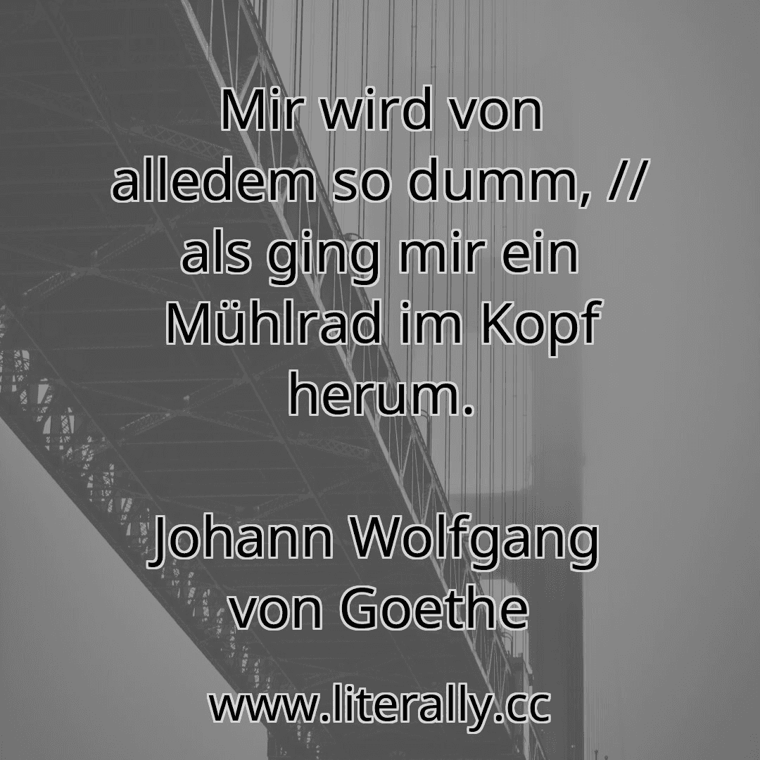 Mir wird von alledem so dumm, // als ging mir ein Mühlrad im Kopf herum.
Johann Wolfgang von Goethe
