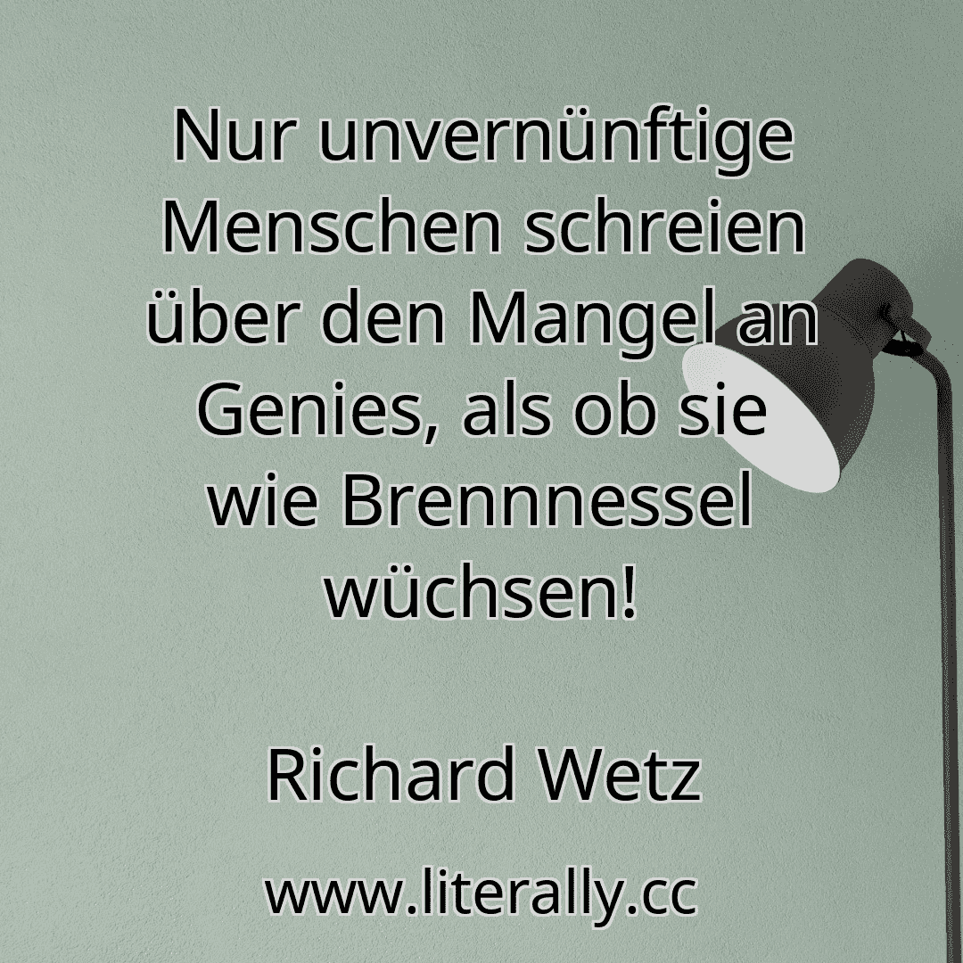 Nur unvernünftige Menschen schreien über den Mangel an Genies, als ob sie wie Brennnessel wüchsen!
Richard Wetz
