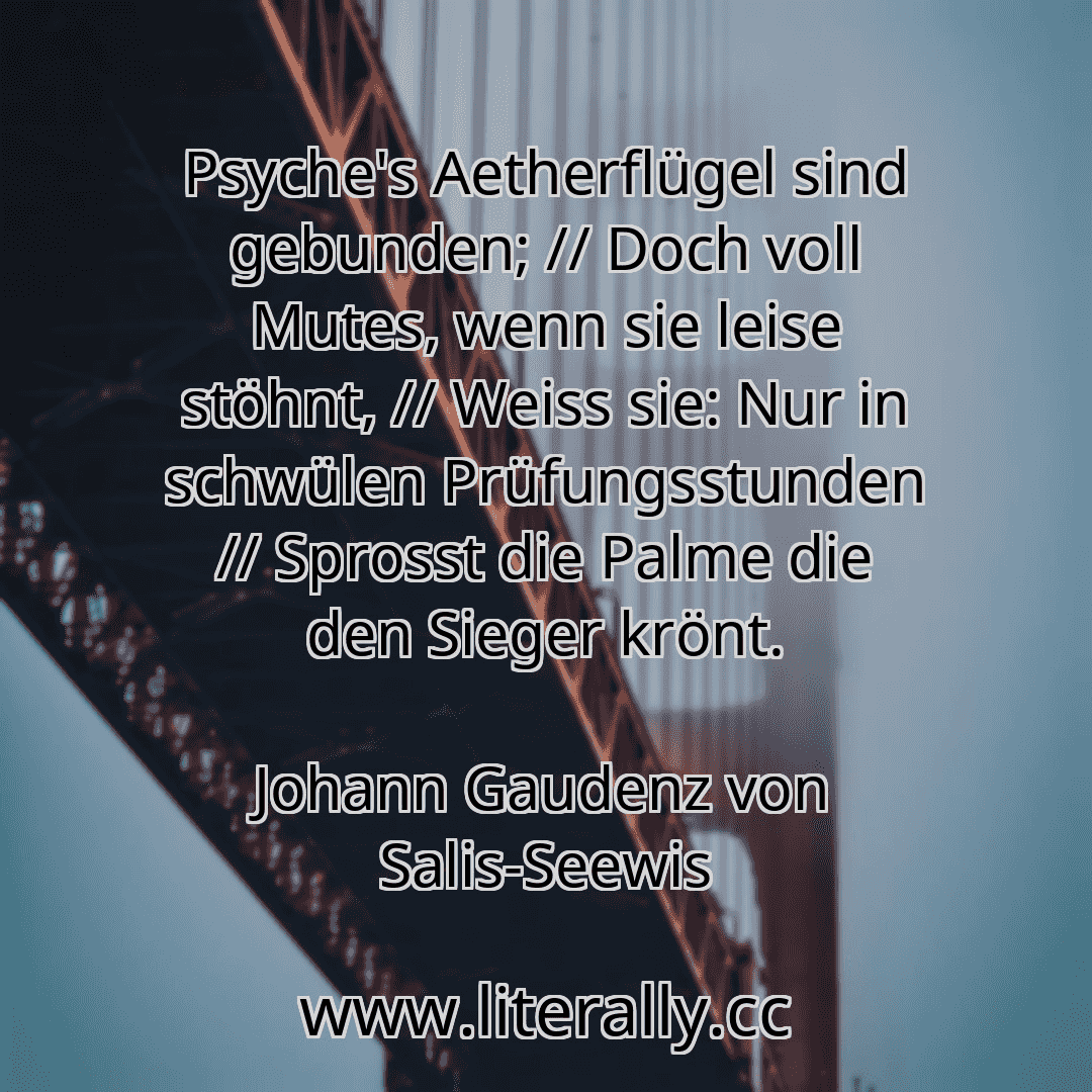 Psyche's Aetherflügel sind gebunden; // Doch voll Mutes, wenn sie leise stöhnt, // Weiss sie: Nur in schwülen Prüfungsstunden // Sprosst die Palme die den Sieger krönt.
Johann Gaudenz von Salis-Seewis
