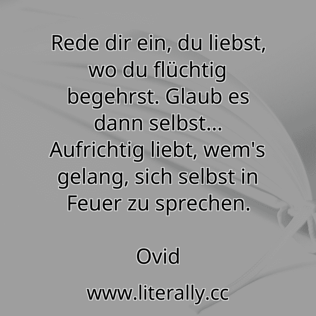Rede dir ein, du liebst, wo du flüchtig begehrst. Glaub es dann selbst... Aufrichtig liebt, wem's gelang, sich selbst in Feuer zu sprechen.
Ovid
