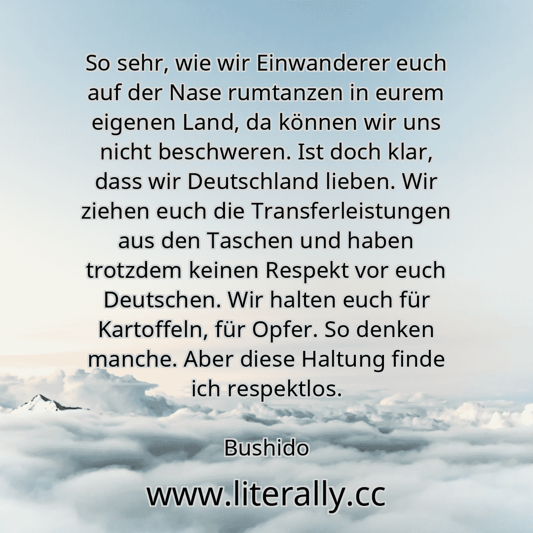 So sehr, wie wir Einwanderer euch auf der Nase rumtanzen in eurem eigenen Land, da können wir uns nicht beschweren. Ist doch klar, dass wir Deutschland lieben. Wir ziehen euch die Transferleistungen aus den Taschen und haben trotzdem keinen Respekt vor euch Deutschen. Wir halten euch für Kartoffeln, für Opfer. So denken manche. Aber diese Haltung finde ich respektlos.
Bushido
