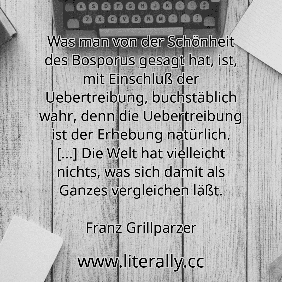 Was man von der Schönheit des Bosporus gesagt hat, ist, mit Einschluß der Uebertreibung, buchstäblich wahr, denn die Uebertreibung ist der Erhebung natürlich. [...] Die Welt hat vielleicht nichts, was sich damit als Ganzes vergleichen läßt.
Franz Grillparzer

