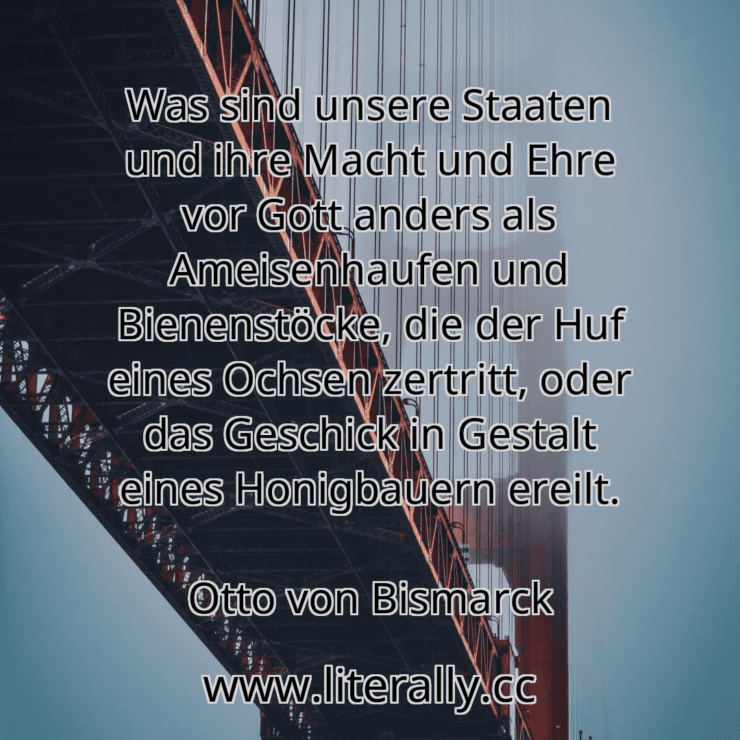 Was sind unsere Staaten und ihre Macht und Ehre vor Gott anders als Ameisenhaufen und Bienenstöcke, die der Huf eines Ochsen zertritt, oder das Geschick in Gestalt eines Honigbauern ereilt.
Otto von Bismarck
