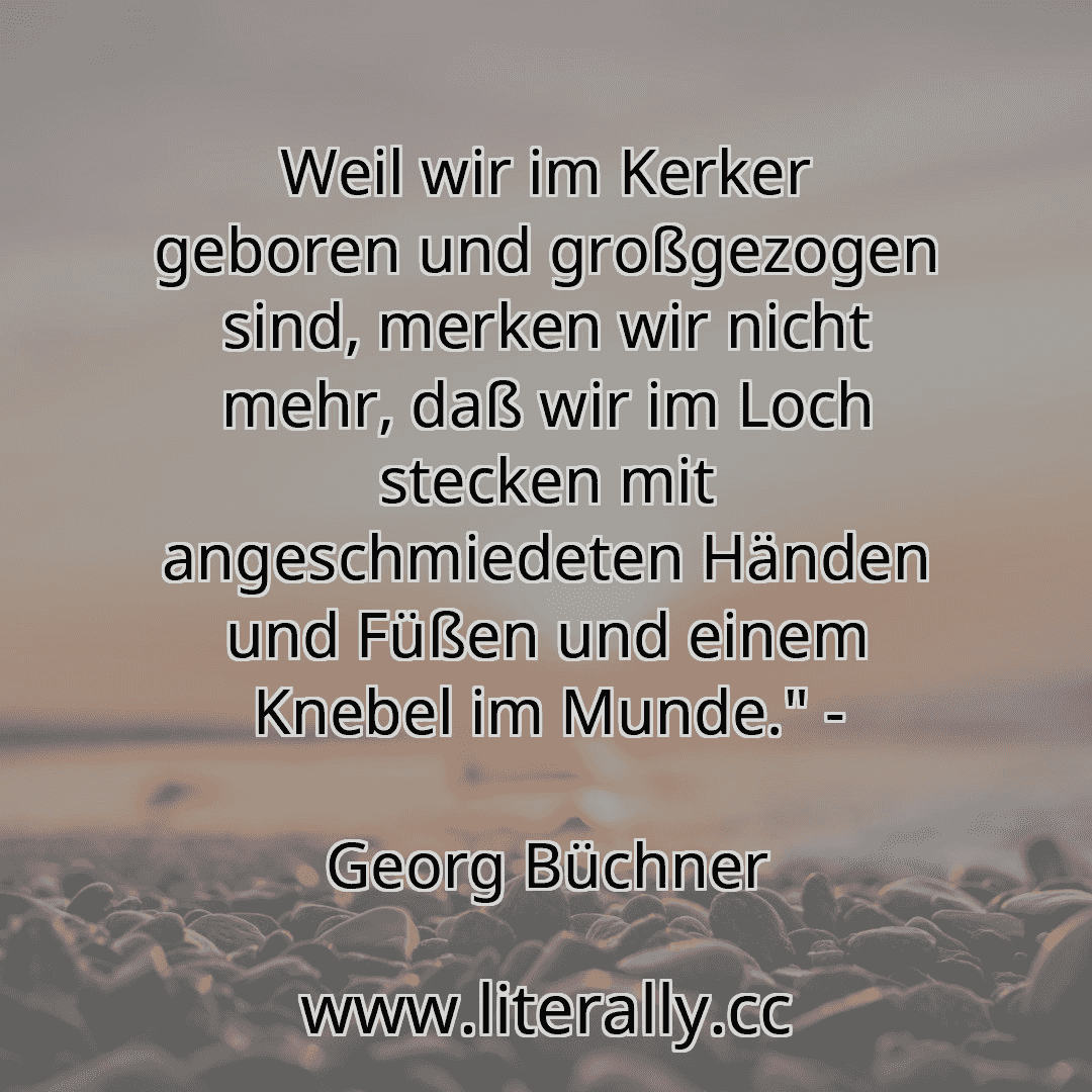 Weil wir im Kerker geboren und großgezogen sind, merken wir nicht mehr, daß wir im Loch stecken mit angeschmiedeten Händen und Füßen und einem Knebel im Munde." -
Georg Büchner
