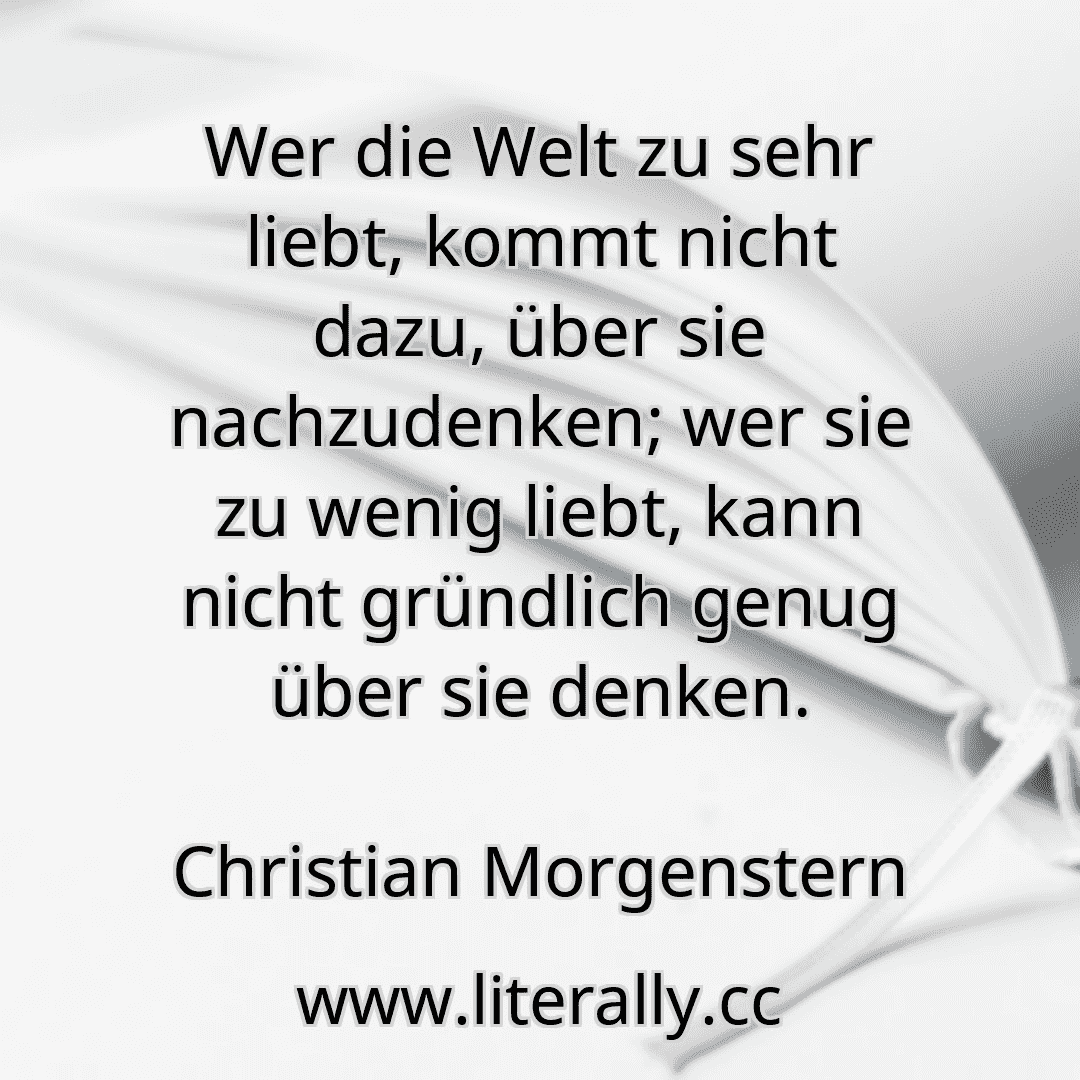 Wer die Welt zu sehr liebt, kommt nicht dazu, über sie nachzudenken; wer sie zu wenig liebt, kann nicht gründlich genug über sie denken.
Christian Morgenstern
