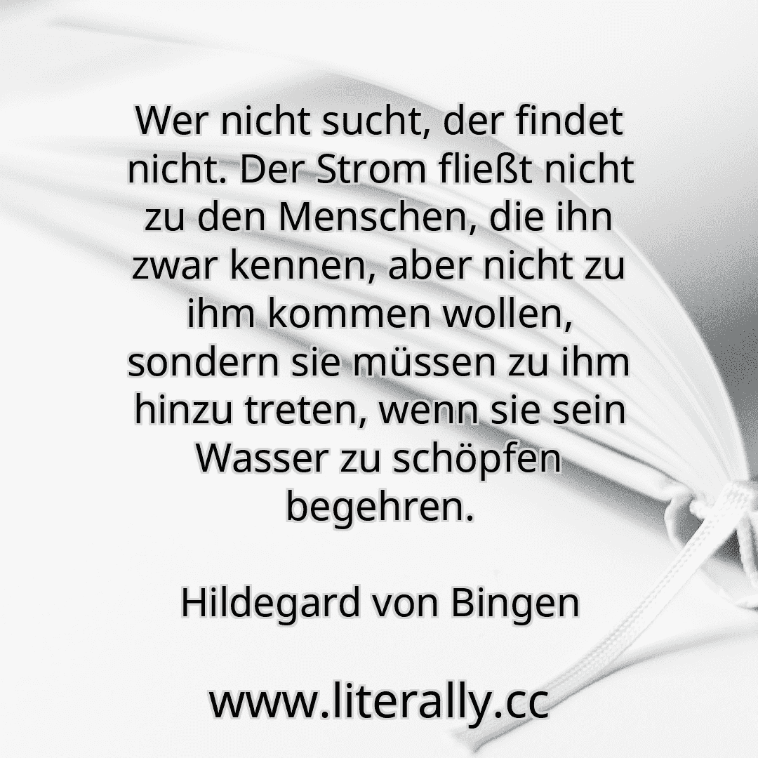 Wer nicht sucht, der findet nicht. Der Strom fließt nicht zu den Menschen, die ihn zwar kennen, aber nicht zu ihm kommen wollen, sondern sie müssen zu ihm hinzu treten, wenn sie sein Wasser zu schöpfen begehren.
Hildegard von Bingen
