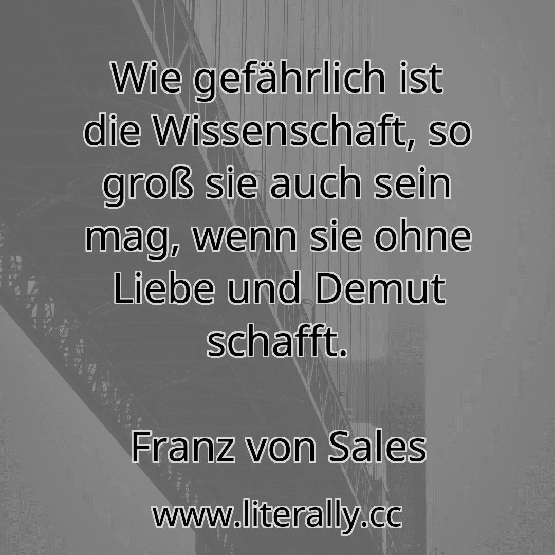 Wie gefährlich ist die Wissenschaft, so groß sie auch sein mag, wenn sie ohne Liebe und Demut schafft.
Franz von Sales
