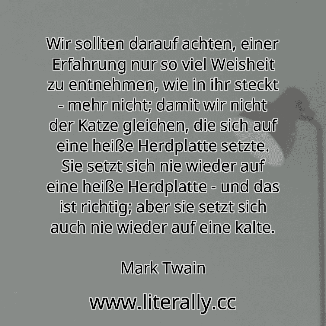 Wir sollten darauf achten, einer Erfahrung nur so viel Weisheit zu entnehmen, wie in ihr steckt - mehr nicht; damit wir nicht der Katze gleichen, die sich auf eine heiße Herdplatte setzte. Sie setzt sich nie wieder auf eine heiße Herdplatte - und das ist richtig; aber sie setzt sich auch nie wieder auf eine kalte.
Mark Twain
