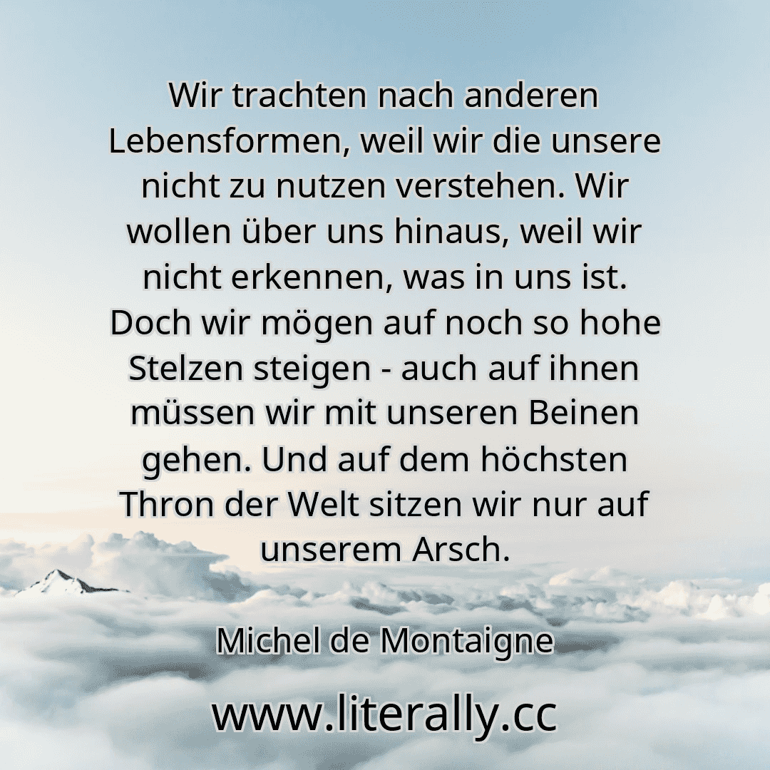 Wir trachten nach anderen Lebensformen, weil wir die unsere nicht zu nutzen verstehen. Wir wollen über uns hinaus, weil wir nicht erkennen, was in uns ist. Doch wir mögen auf noch so hohe Stelzen steigen - auch auf ihnen müssen wir mit unseren Beinen gehen. Und auf dem höchsten Thron der Welt sitzen wir nur auf unserem Arsch.
Michel de Montaigne
 Wir trachten nach anderen Lebensformen, weil wir die unsere nicht zu nutzen verstehen. Wir wollen über uns hinaus, weil wir nicht erkennen, was in uns ist. Doch wir mögen auf noch so hohe Stelzen steigen - auch auf ihnen müssen wir mit unseren Beinen gehen. Und auf dem höchsten Thron der Welt sitzen wir nur auf unserem Arsch.
Michel de Montaigne