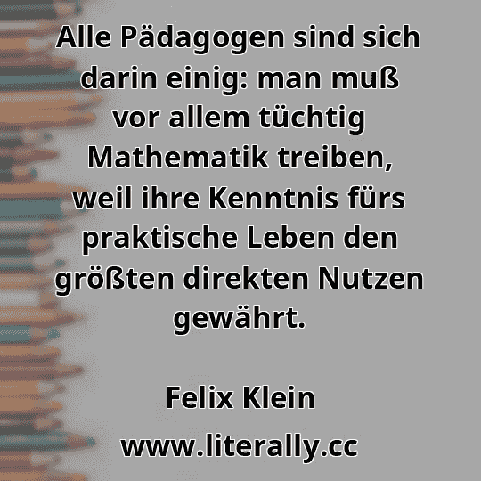 Alle Pädagogen sind sich darin einig: man muß vor allem tüchtig Mathematik treiben, weil ihre Kenntnis fürs praktische Leben den größten direkten Nutzen gewährt.
Felix Klein
