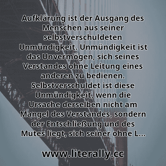 Aufklärung ist der Ausgang des Menschen aus seiner selbstverschuldeten Unmündigkeit. Unmündigkeit ist das Unvermögen, sich seines Verstandes ohne Leitung eines anderen zu bedienen. Selbstverschuldet ist diese Unmündigkeit, wenn die Ursache derselben nicht am Mangel des Verstandes, sondern der Entschließung und des Mutes liegt, sich seiner ohne L...