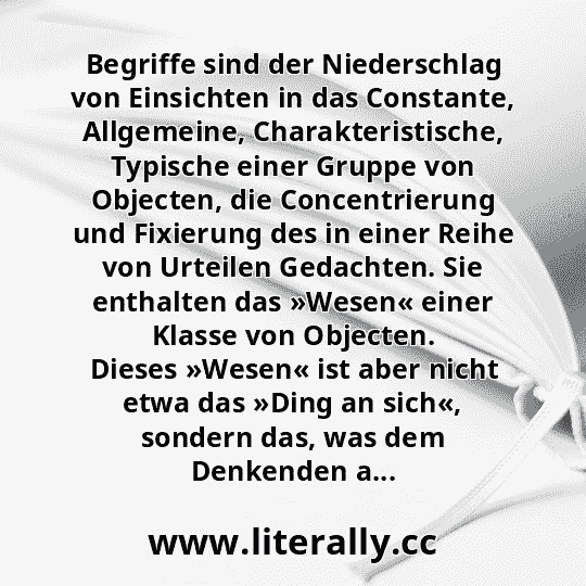 Begriffe sind der Niederschlag von Einsichten in das Constante, Allgemeine, Charakteristische, Typische einer Gruppe von Objecten, die Concentrierung und Fixierung des in einer Reihe von Urteilen Gedachten. Sie enthalten das »Wesen« einer Klasse von Objecten. Dieses »Wesen« ist aber nicht etwa das »Ding an sich«, sondern das, was dem Denkenden a...