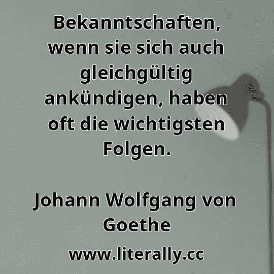 Bekanntschaften, wenn sie sich auch gleichgültig ankündigen, haben oft die wichtigsten Folgen.
Johann Wolfgang von Goethe
