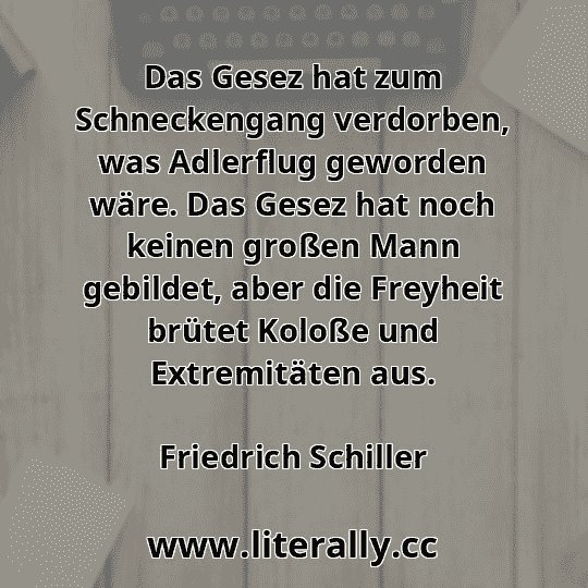 Das Gesez hat zum Schneckengang verdorben, was Adlerflug geworden wäre. Das Gesez hat noch keinen großen Mann gebildet, aber die Freyheit brütet Koloße und Extremitäten aus.
Friedrich Schiller
