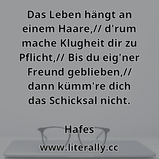 Das Leben hängt an einem Haare,// d'rum mache Klugheit dir zu Pflicht,// Bis du eig'ner Freund geblieben,// dann kümm're dich das Schicksal nicht.
Hafes
