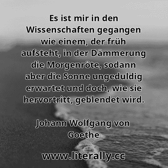 Es ist mir in den Wissenschaften gegangen wie einem, der früh aufsteht, in der Dämmerung die Morgenröte, sodann aber die Sonne ungeduldig erwartet und doch, wie sie hervortritt, geblendet wird.
Johann Wolfgang von Goethe
