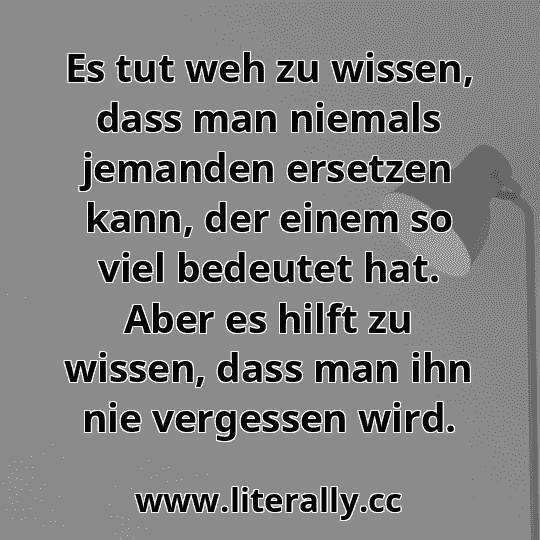 Es tut weh zu wissen, dass man niemals jemanden ersetzen kann, der einem so viel bedeutet hat. Aber es hilft zu wissen, dass man ihn nie vergessen wird.
