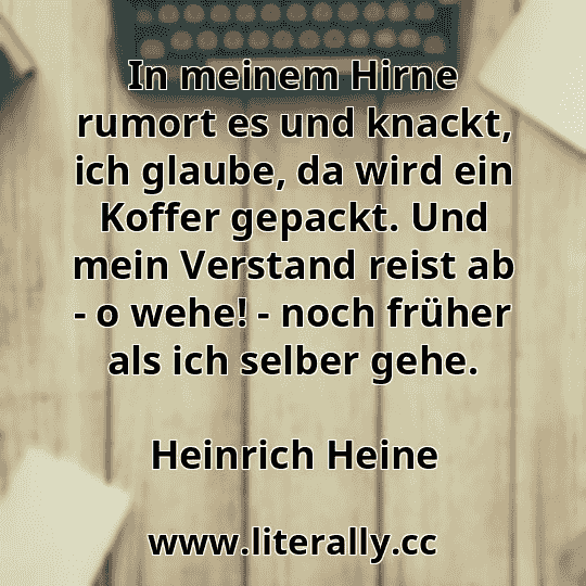 In meinem Hirne rumort es und knackt, ich glaube, da wird ein Koffer gepackt. Und mein Verstand reist ab - o wehe! - noch früher als ich selber gehe.
Heinrich Heine
