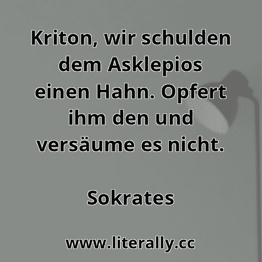 Kriton, wir schulden dem Asklepios einen Hahn. Opfert ihm den und versäume es nicht.
Sokrates
