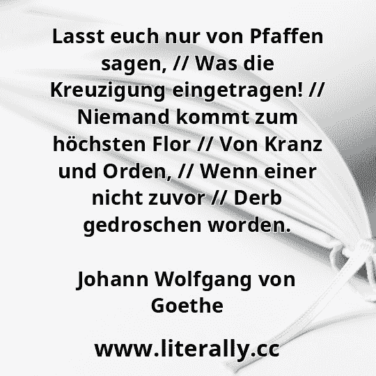 Lasst euch nur von Pfaffen sagen, // Was die Kreuzigung eingetragen! // Niemand kommt zum höchsten Flor // Von Kranz und Orden, // Wenn einer nicht zuvor // Derb gedroschen worden.
Johann Wolfgang von Goethe
